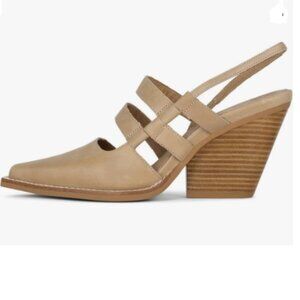 FYS Brown Pointed Toe Slingback Pumps Stacked Block High Heel Two Strap Shoes